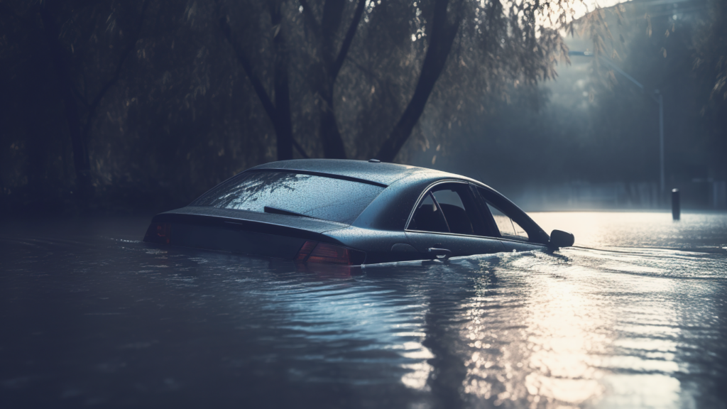 Carro submerso em água para falar se proteção veicular cobre enchentes.