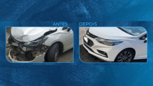 Um carro batido e depois arrumado, para falar sobre qual é a vantagem de ter proteção veicular